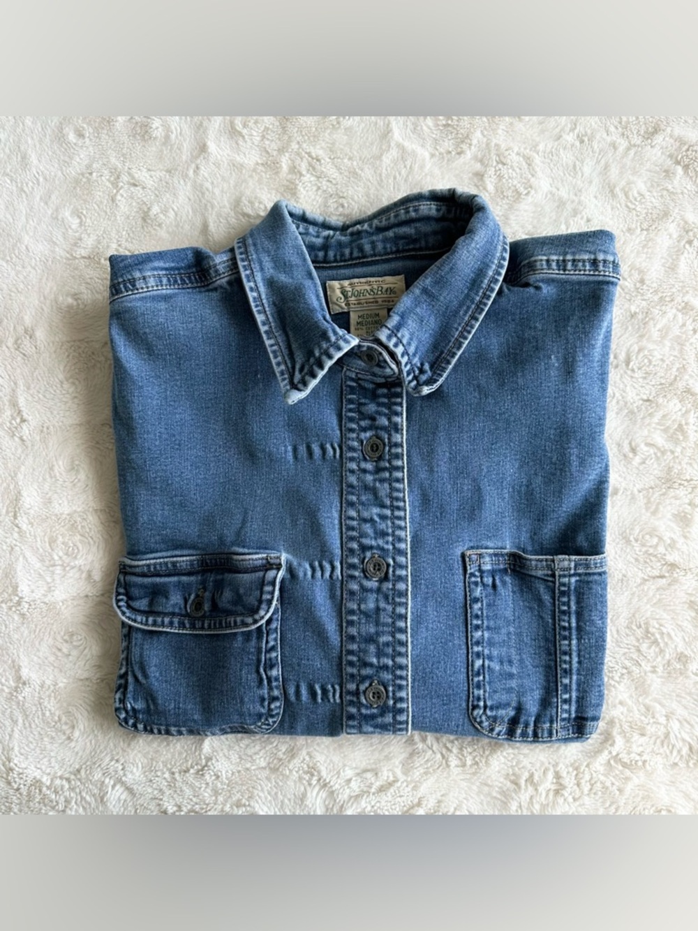 Vintage St Johns Bay Denim Shirt Womens Medium Blue 3/4 Sleeves Western Cowgirl - Picture 1 of 9